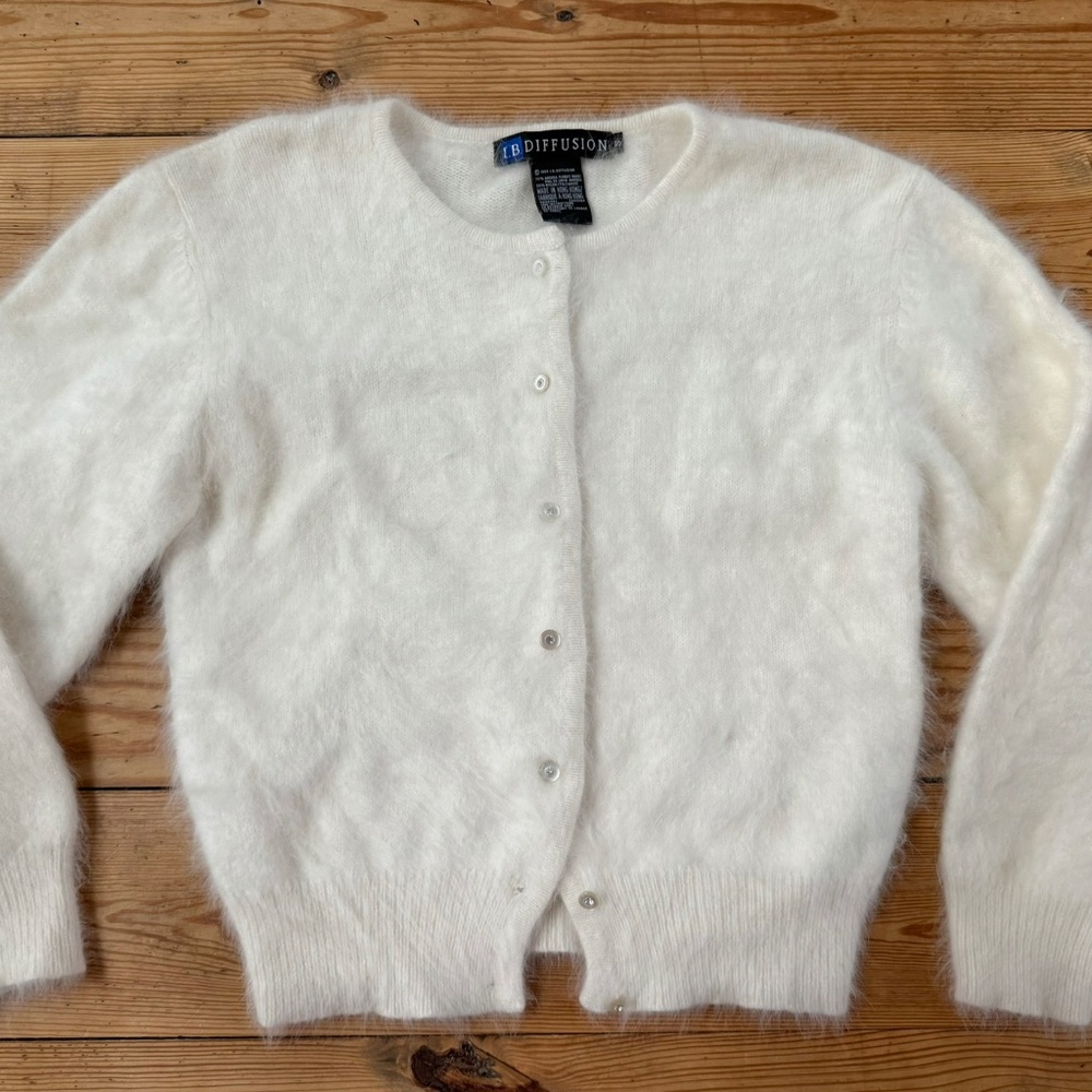 IB Diffusion Vintage 70% Angora Cardigan Sweater Rhinestone Pearl Fluffy Fuzzy